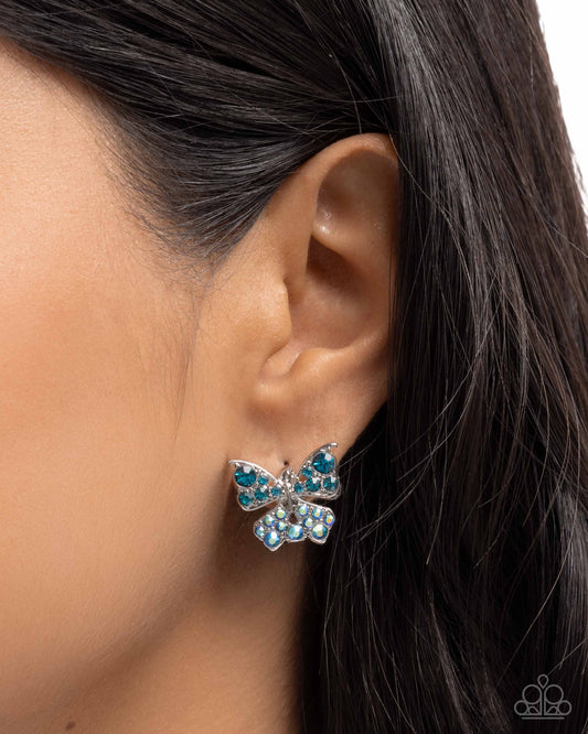 Aerial Apprentice - Blue Iridescent Rhinestone Embellished Silver Butterfly Hinge Earrings