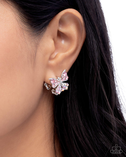 Aerial Apprentice - Pink Iridescent Rhinestones/Silver Butterfly Paparazzi Hinge Hoop Earrings