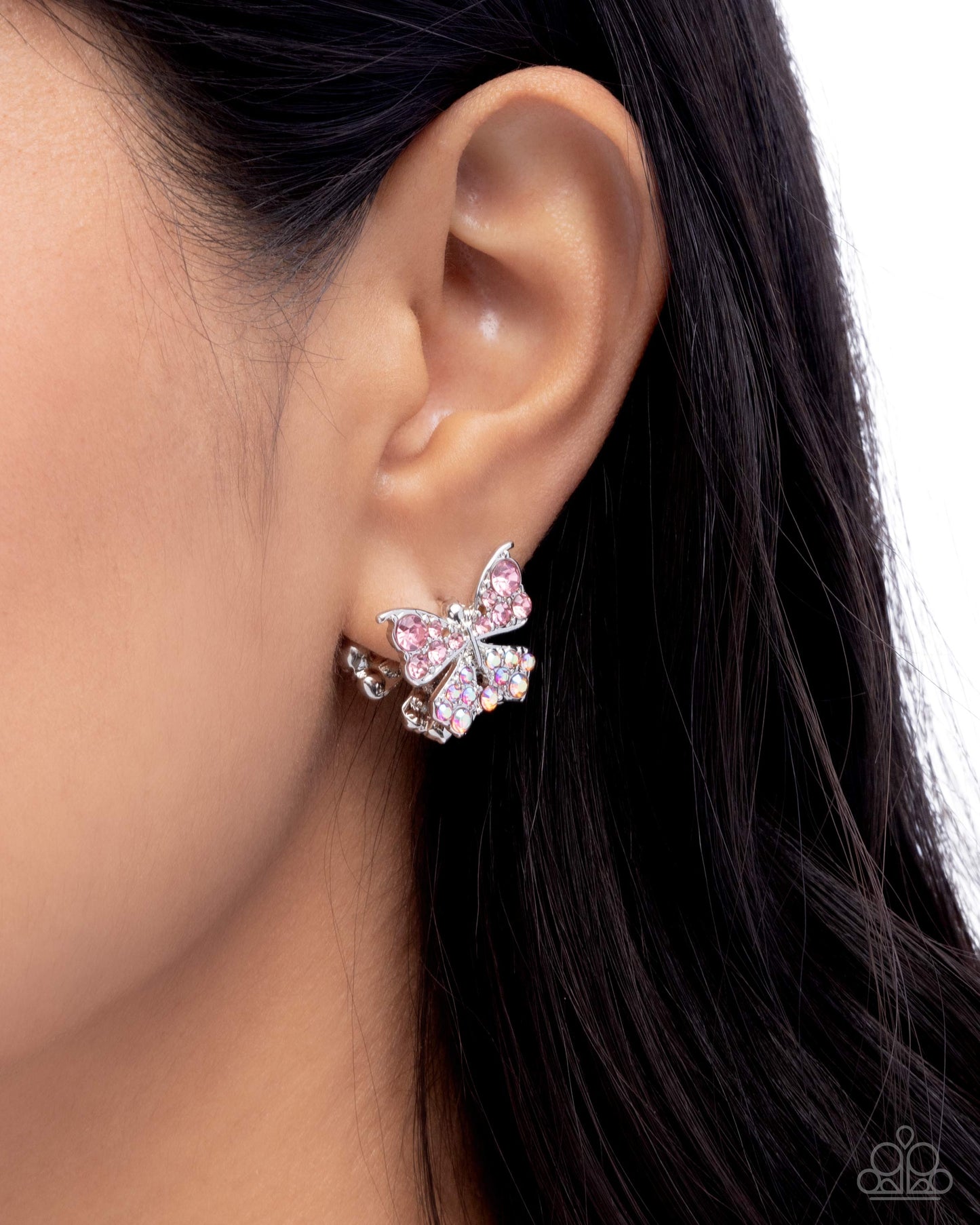 Aerial Apprentice - Pink Iridescent Rhinestones/Silver Butterfly Paparazzi Hinge Hoop Earrings