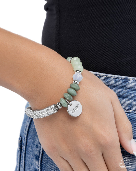 Handcrafted Hope - Green Beads, Silver Discs, Curved Silver Accent, "HOPE" Charm Paparazzi Stretch Bracelet