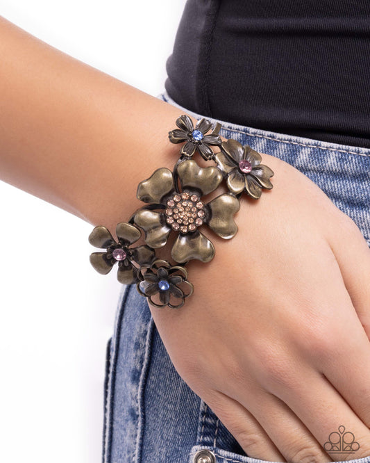 Bursting Bouquet - Brass Oversized Flowers/Multicolored Rhinestone Centers Paparazzi Hinge Bracelet