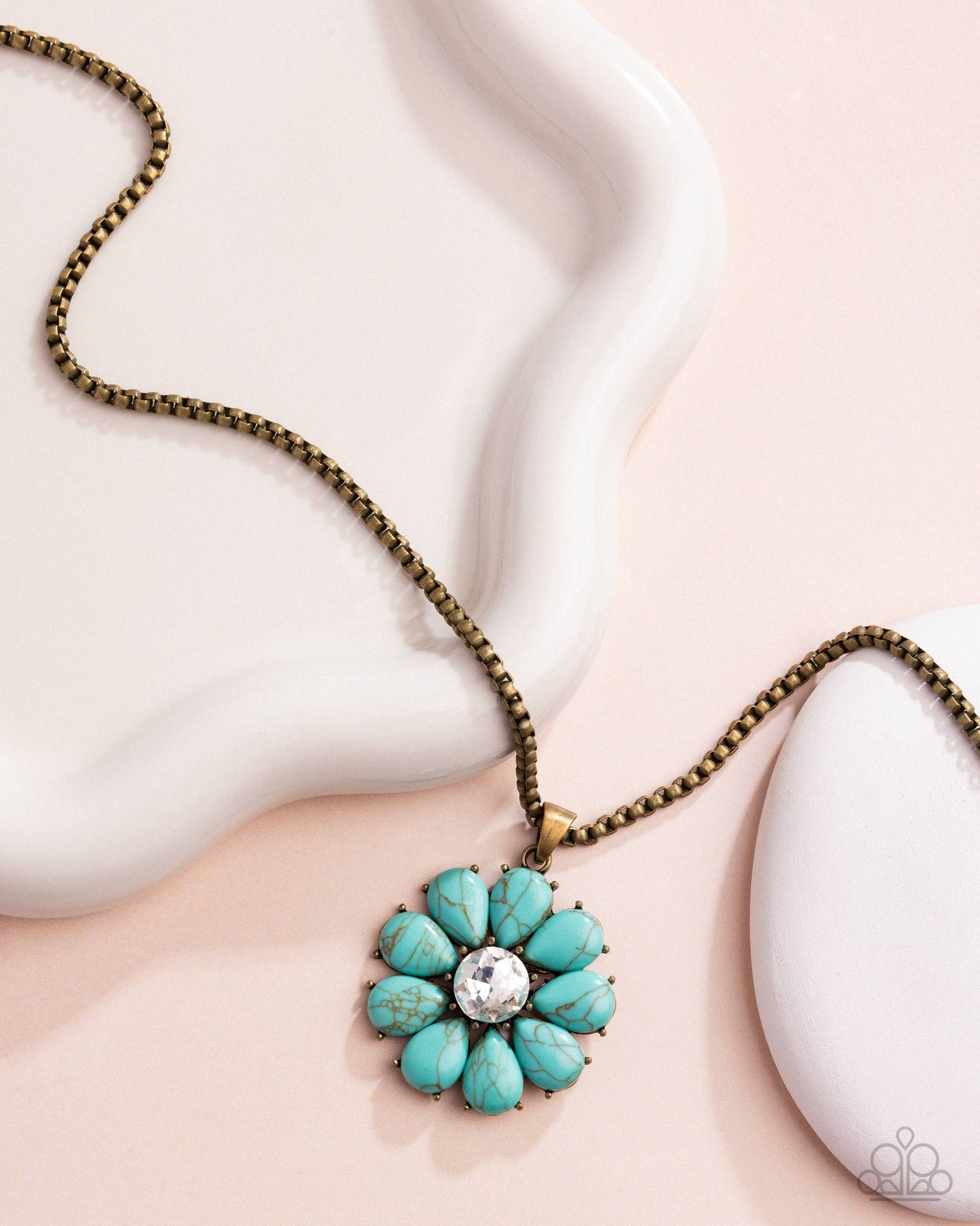 Creative Caliber - Brass Box Chain/Green Marbled Stone Flower Paparazzi Necklace & matching earrings