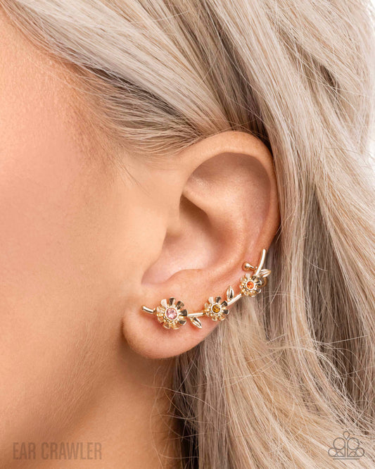 Blooming Boulevard - Gold & Rhinestone Flowers Paparazzi Ear Crawler Earrings