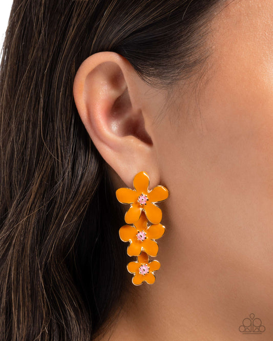 Crack of BLOOM - Orangeade Painted Silver Flower Paparazzi Earrings