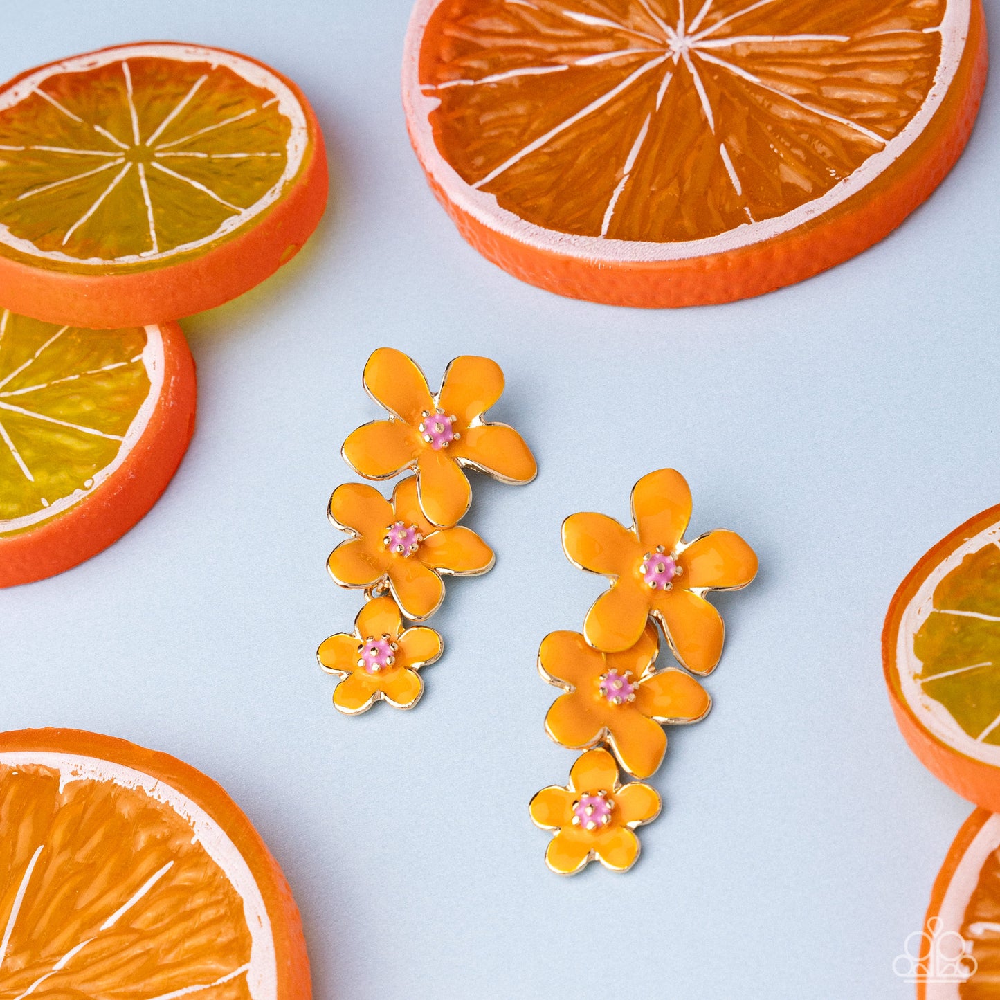 Crack of BLOOM - Orangeade Painted Silver Flower Paparazzi Earrings