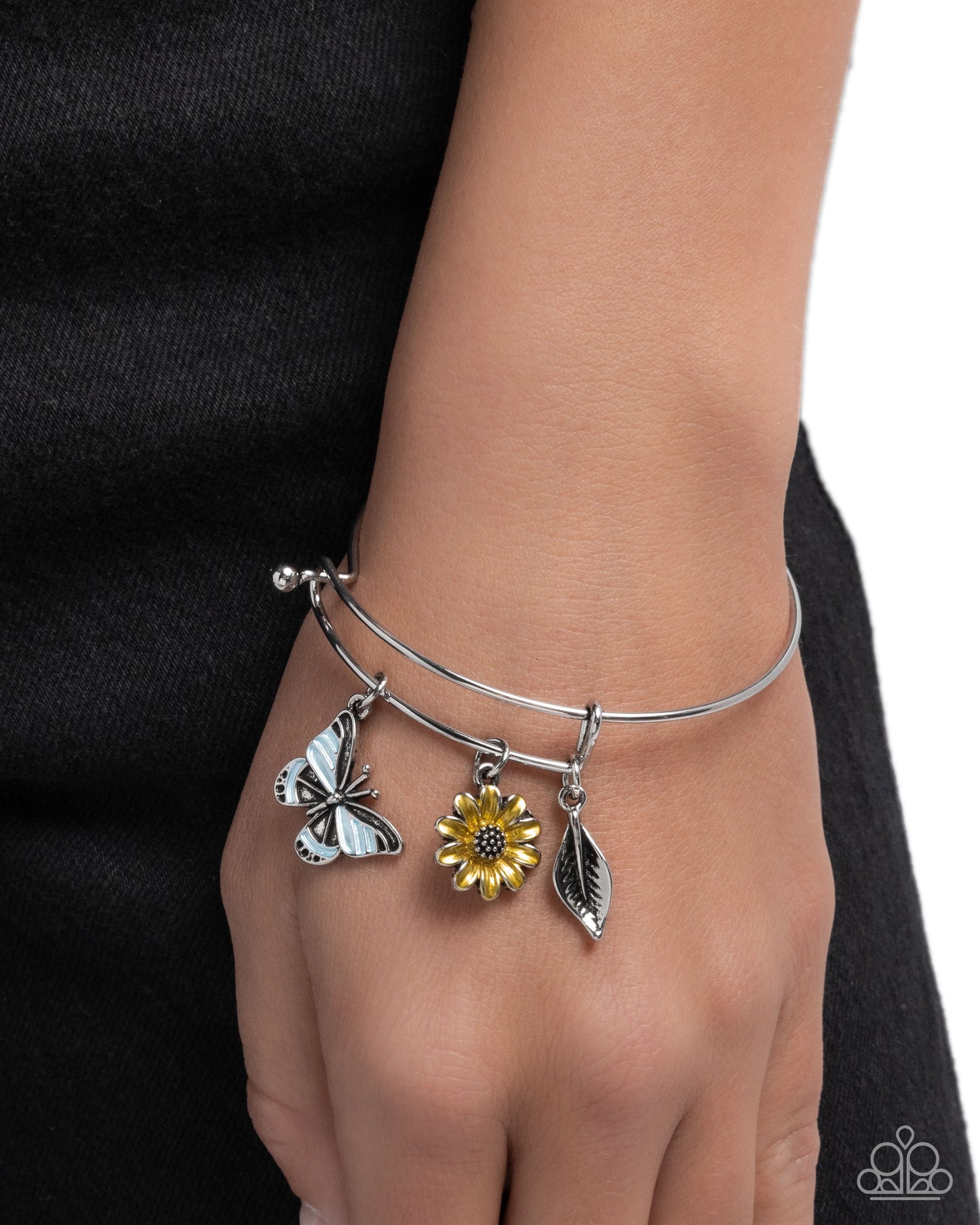 Feminine Fate - Yellow Sunflower/Blue Butterfly/Silver Leaf Paparazzi Charm Bracelet