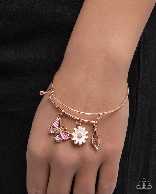 Feminine Fate - Copper Bangle/Pink Butterfly, White Flower, Copper Leaf Charms Paparazzi Bracelet