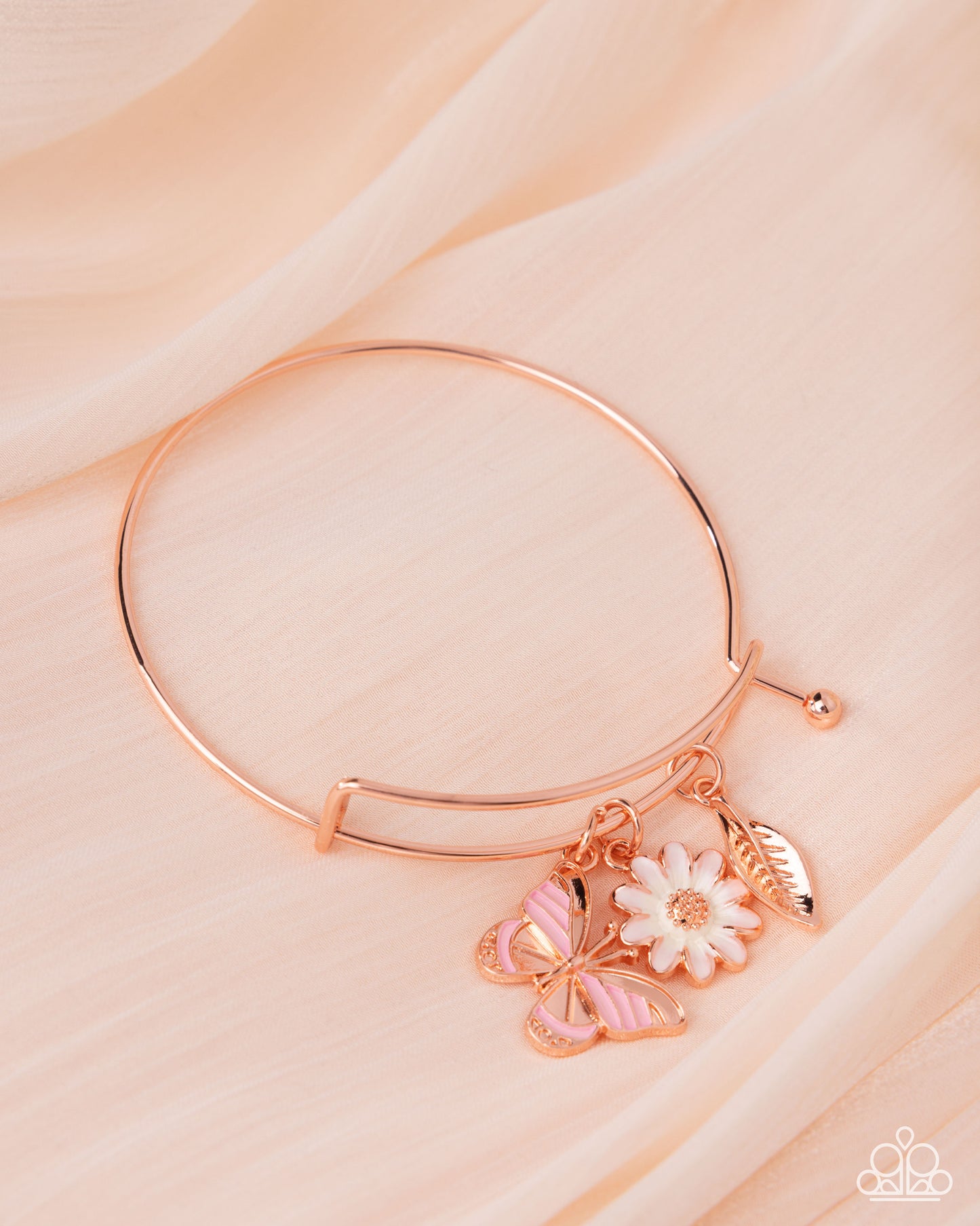 Feminine Fate - Copper Bangle/Pink Butterfly, White Flower, Copper Leaf Charms Paparazzi Bracelet
