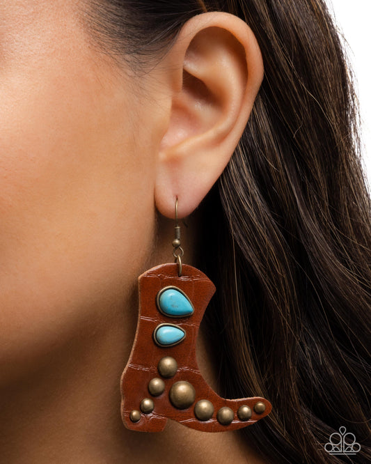 These Boots Were Made for Dancing - Brown Leather Cowboy Boots/Turquoise & Brass Accents Paparazzi Earrings