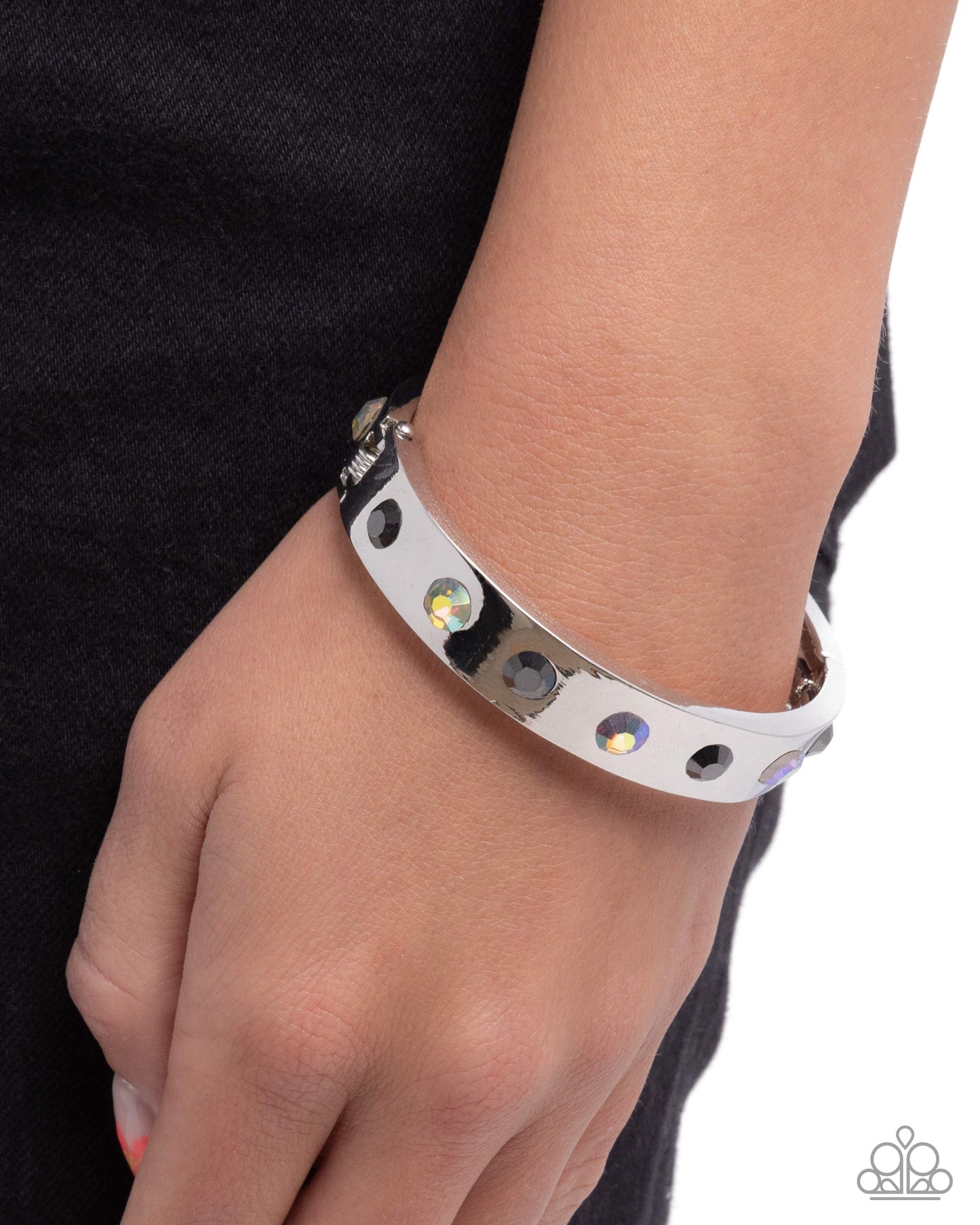 Competitive Edge - Silver Band, Hematite/Iridescent Gems Papaarazzi Hinge Bracelet