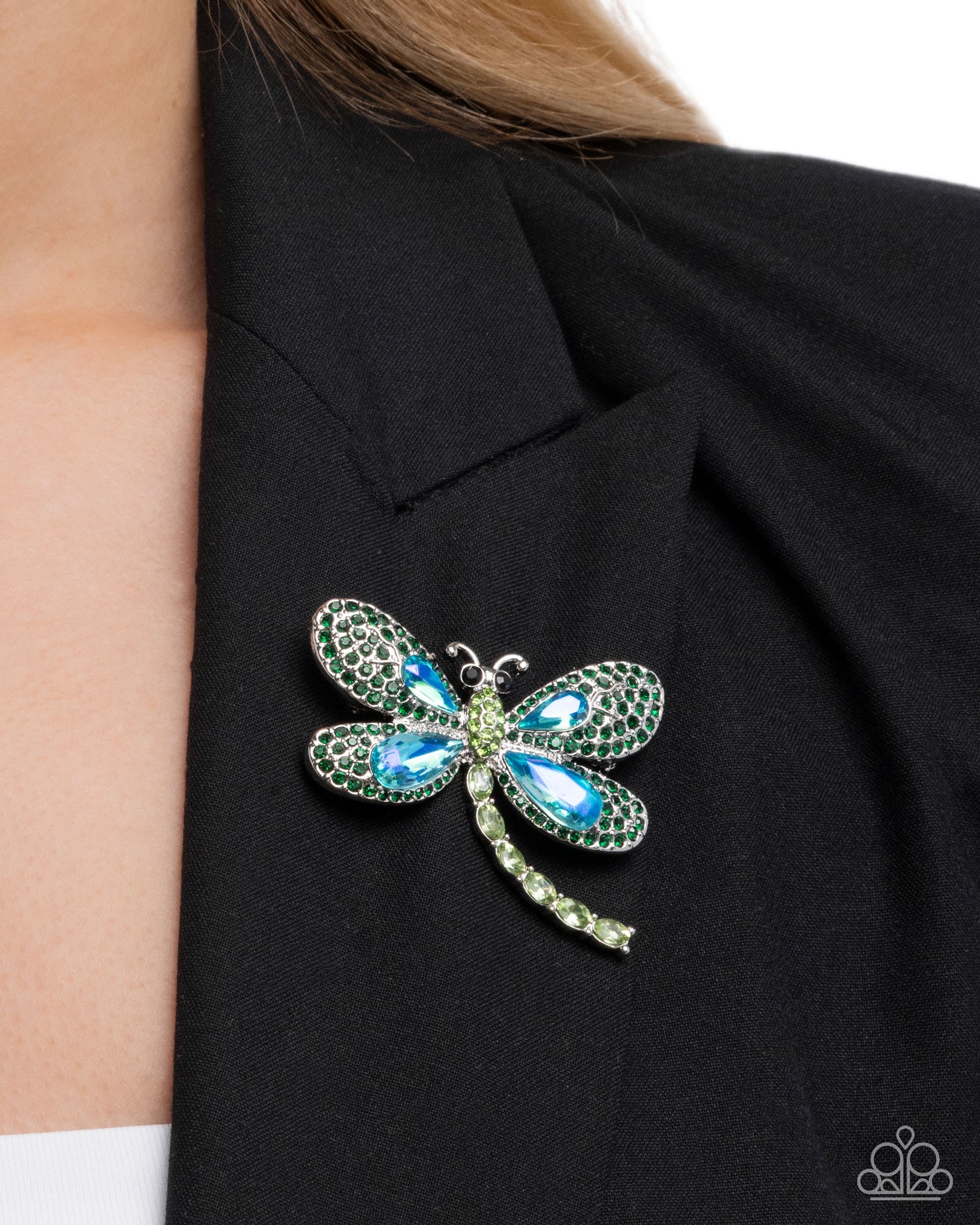 Divine Dragonfly - Green & UV Rhinestone Encrusted Silver Dragonfly Paparazzi Brooch