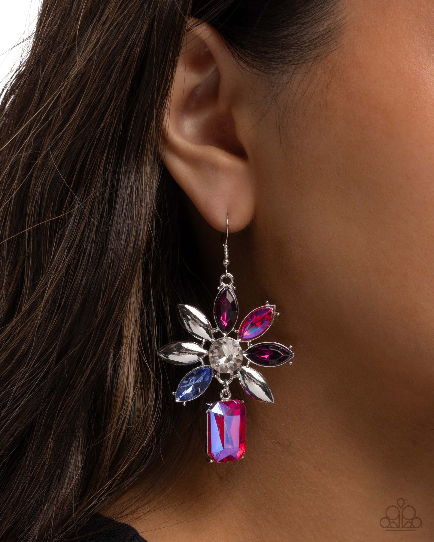 Meaningful Masterpiece - Pink Iridescent/Blue/Silver Flower & White Rhinestone Center Paparazzi Earrings