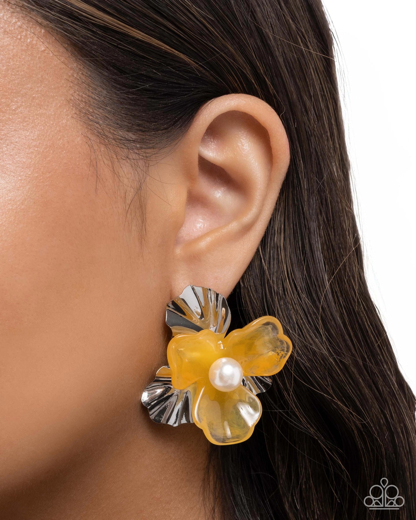 Frank Flowers - Yellow & Silver Flower Petals/White Pearl Center Paparazzi Post Earrings