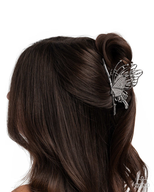 Layered Landing - White Rhinestone Embellished Silver Butterfly Paparazzi Hair Claw Clip