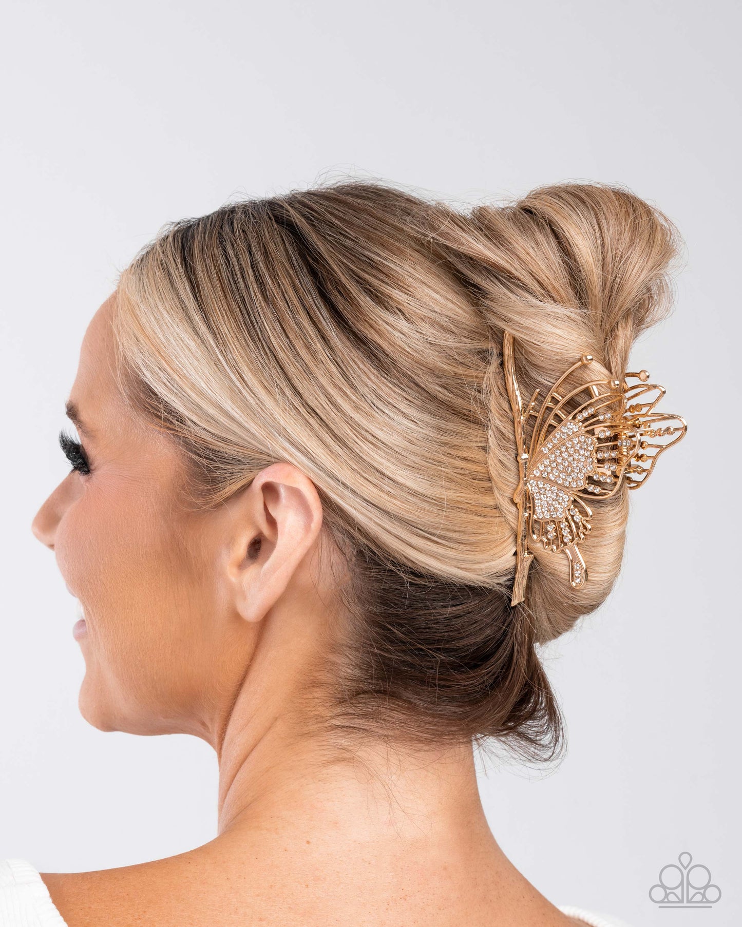 Layered Landing - Gold & White Rhinestone Butterfly Paparazzi Claw Clip