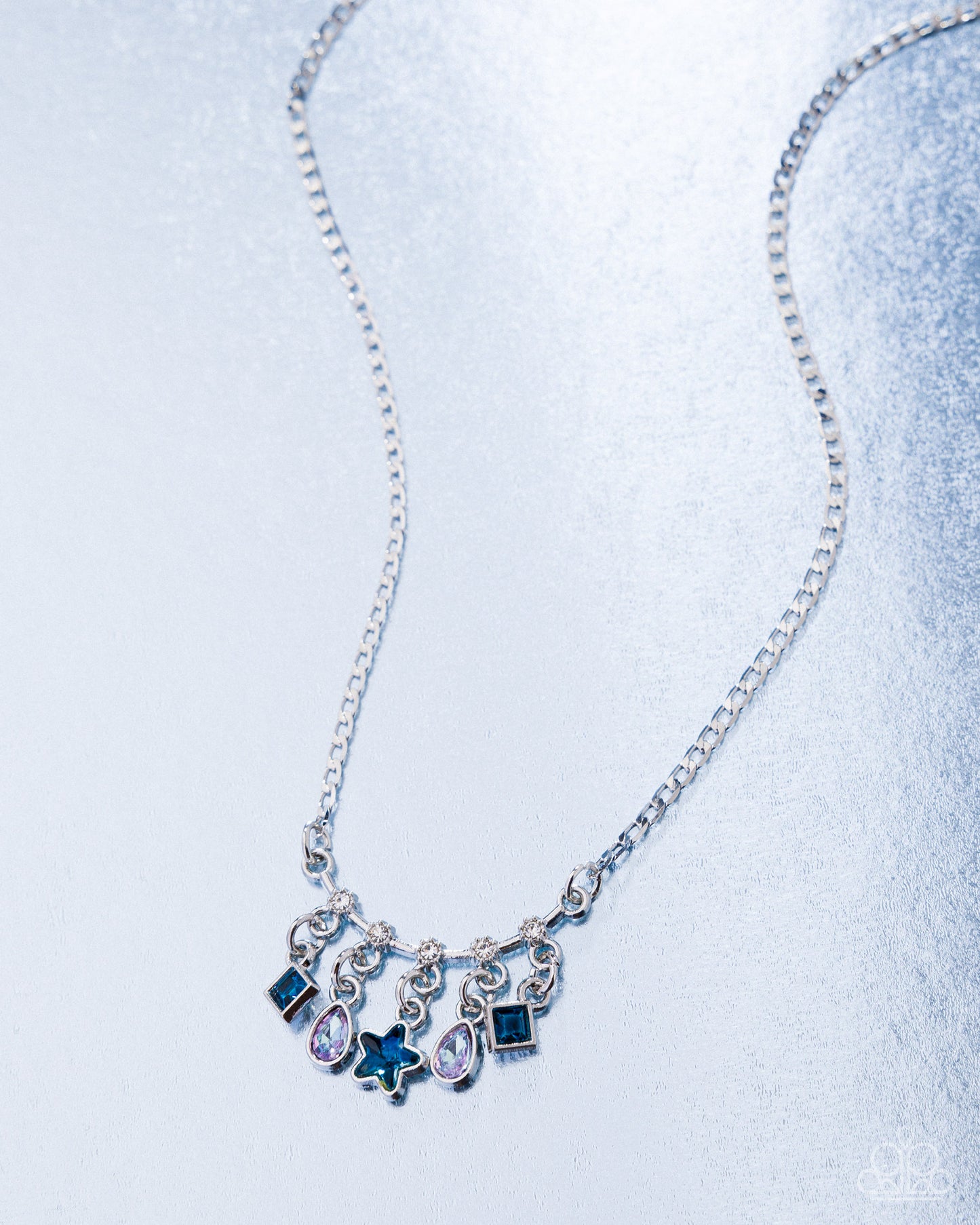 Shape Symphony - Blue Gem Charms/Silver Curb Chain Paparazzi Necklace & matching earrings