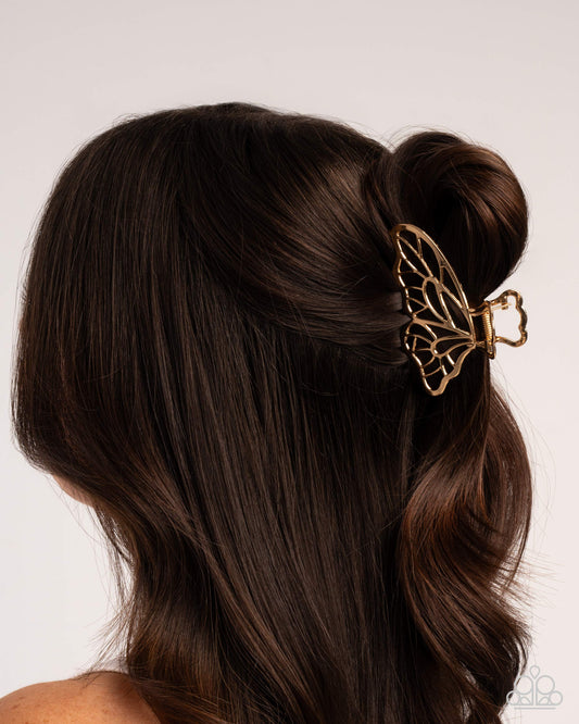 Gliding Grace - Gold Butterfly Silhouette Paparazzi Claw Hair Clip