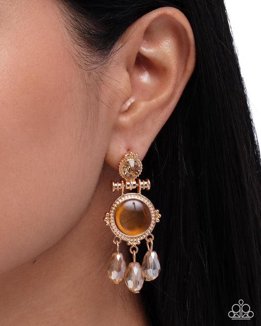 Easygoing Elevation - Brown Cat's Eye/Topaz Rhinestone/Teardrop Beaded Paparazzi Earrings