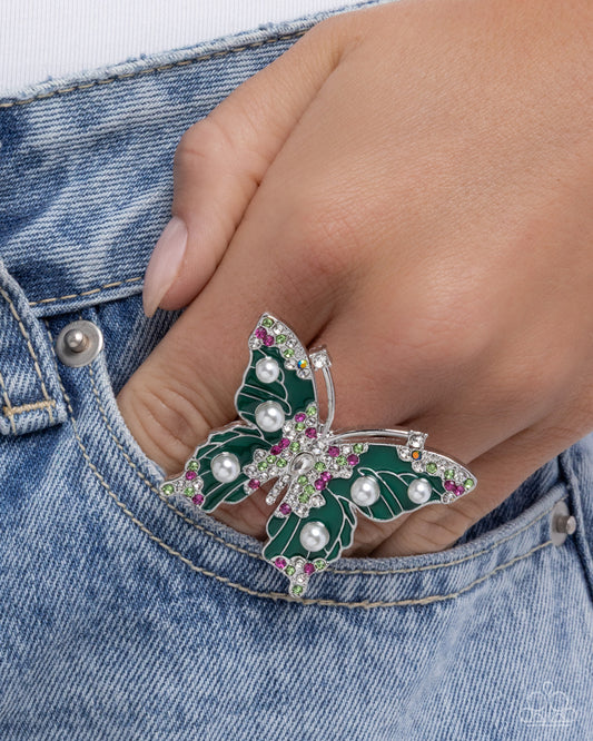 Fluttering Formal - Green Painted & Multicolor Rhinestones Oversized Butterfly Paparazzi Ring