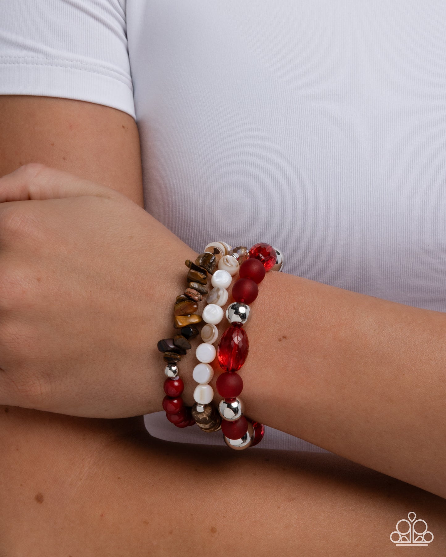 Seasonal Stretch - Red/Silver Beads, Tiger's Eye Stones, White Shells Paparazzi Set of 3 Stretch Bracelets