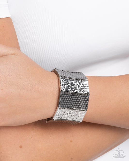 Textured Title - Silver Hammered Plates/Gunmetal Textured Plated Paparazzi Stretch Bracelet