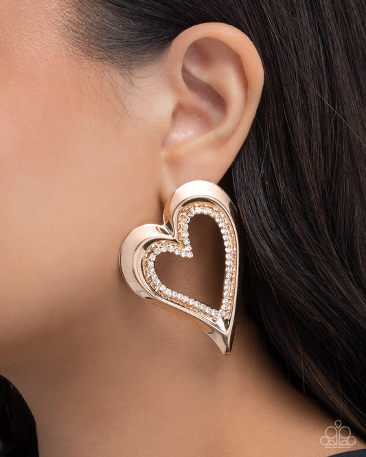 Cupid Chic - Gold Oversized Heart/White Rhinestones Paparazzi Earrings