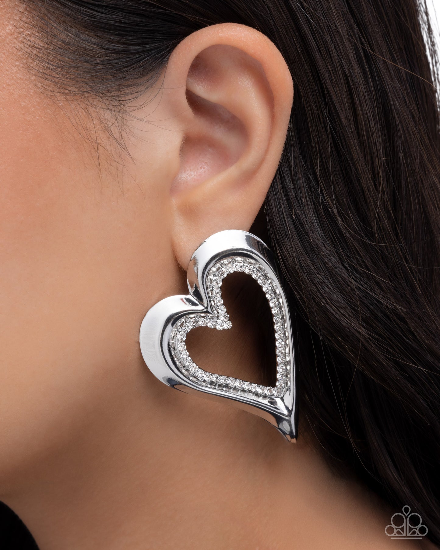 Cupid Chic - White Rhinestone Embellished Silver Heart Paparazzi Post Earrings