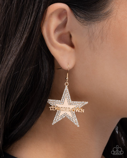 Touchdown Tribute - Gold/White Rhinestone Star & TOUCHDOWN Lettering Paparazzi Earrings