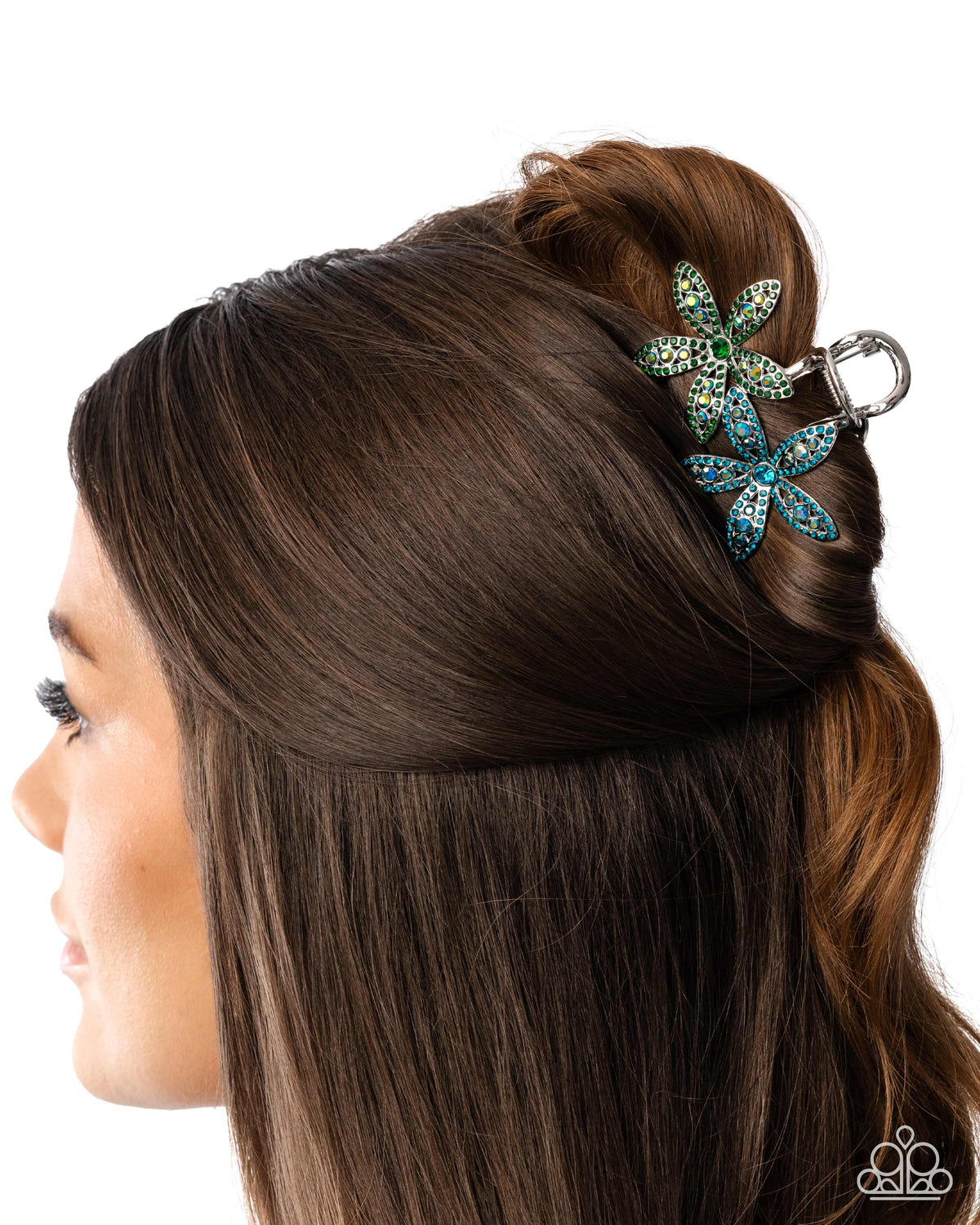 Blooming Beacon - Multicolored Rhinestone Embellished Silver Flower Paparazzi Hair Claw Clip