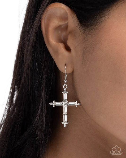 Heavenly Homage - White Gems/Silver Cross Paparazzi Earrings