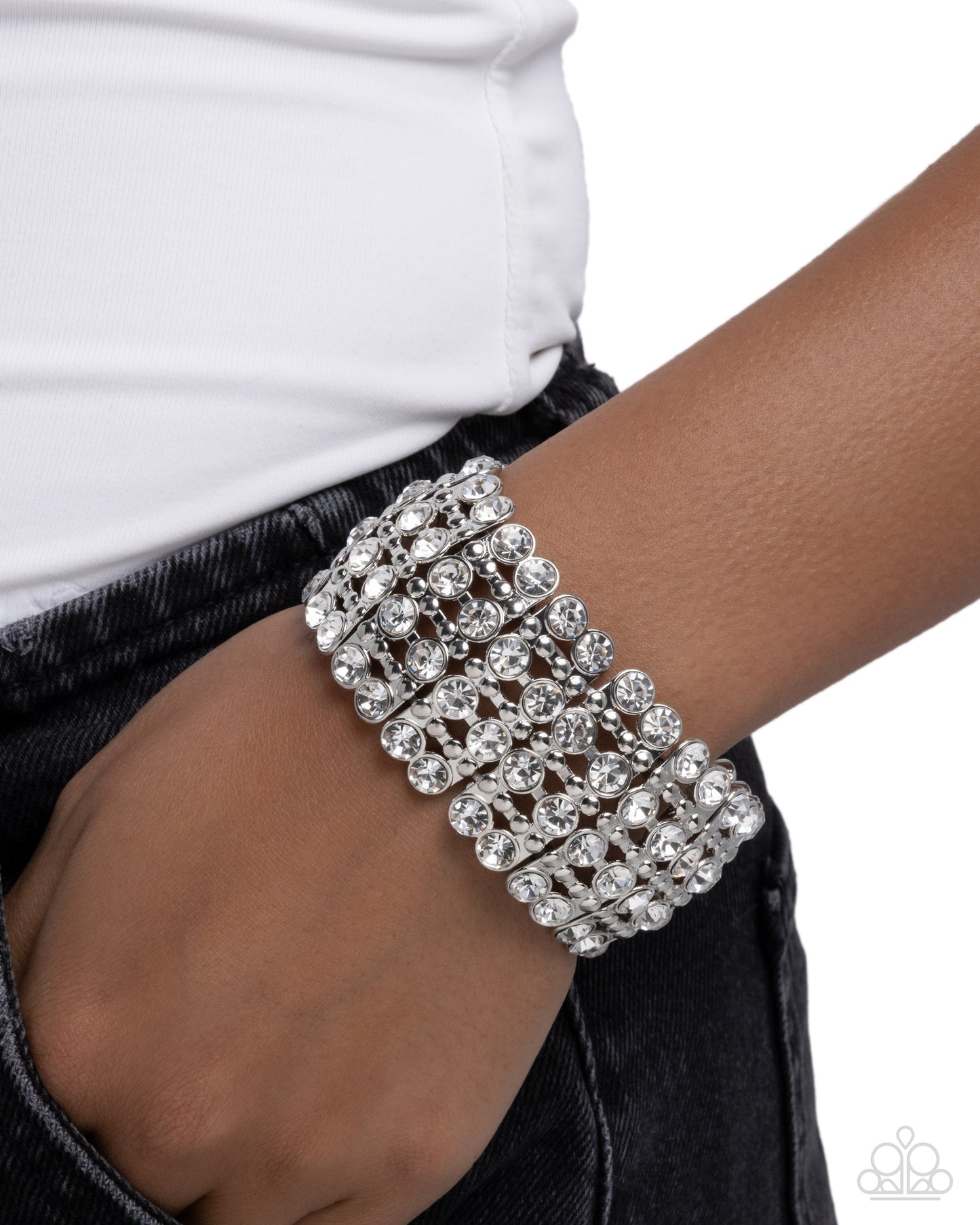 Exuberant Elegance - White Rhinestone & Silver Studs Paparazzi Stretch Bracelet