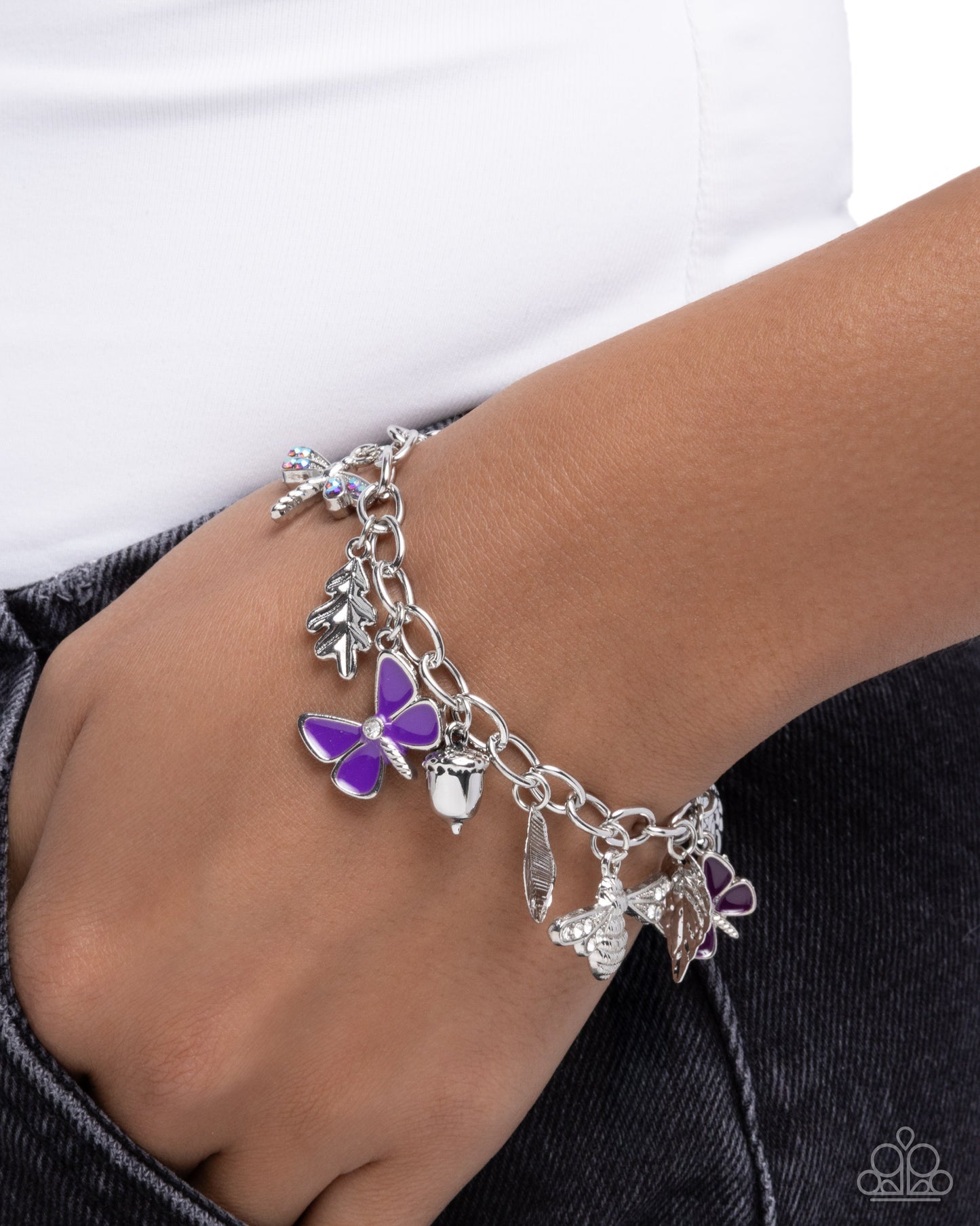 Iconic Insects - Purple Butterflies, Silver Leaves, Silver Bee Charms Paparazzi Bracelet