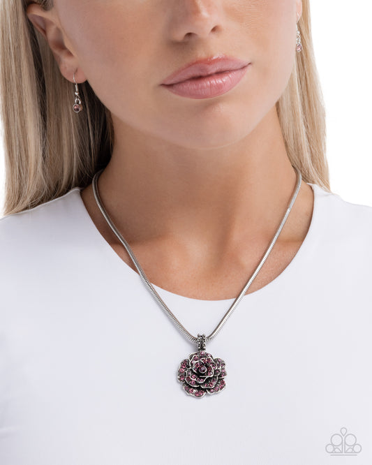 Passionate Petals - Purple Rhinestone Embellished Silver Flower Pedant Paparazzi Necklace & matching earrings