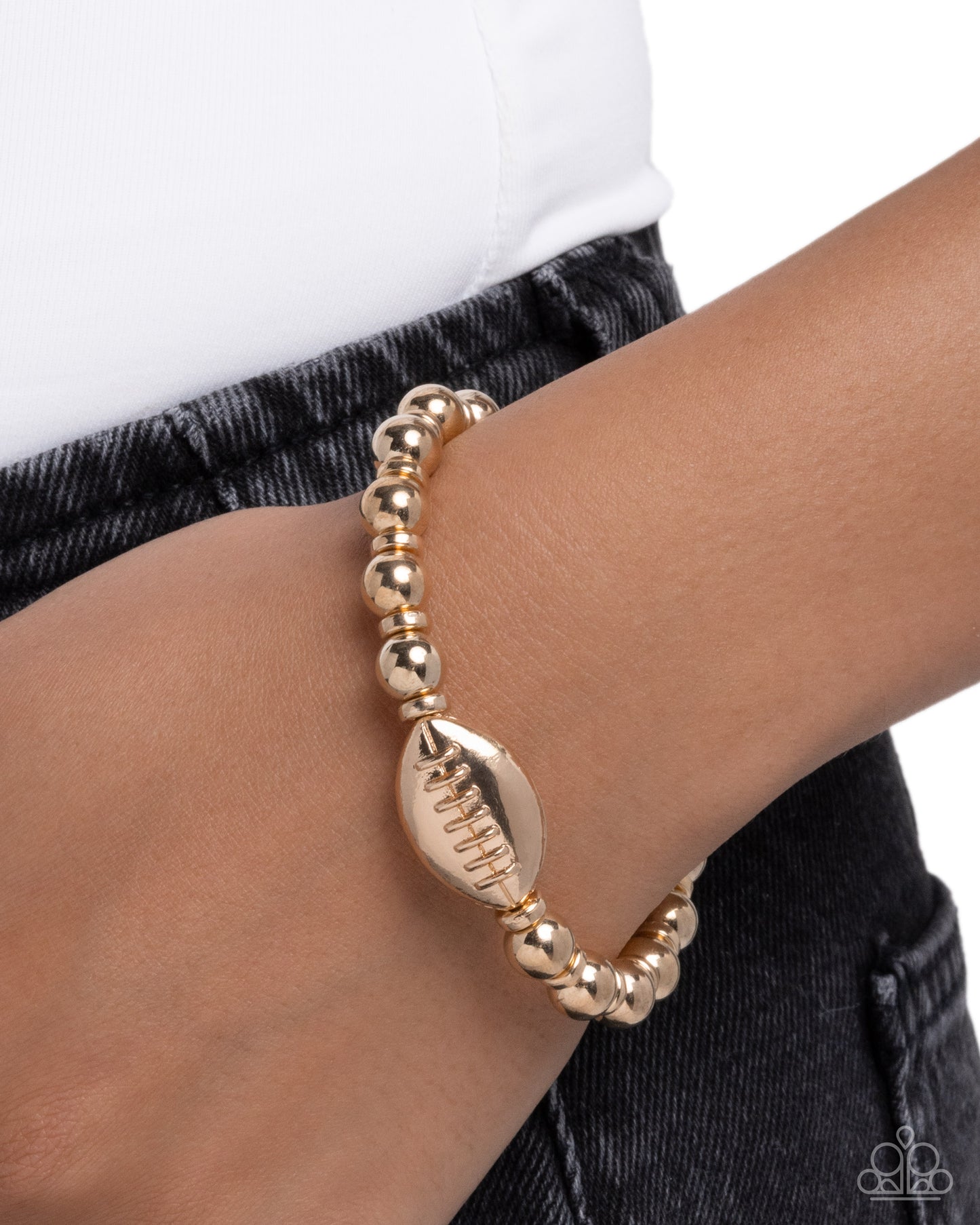 Football Flair - Gold Beads & Textured Gold Football Charm Paparazzi Stretch Bracelet