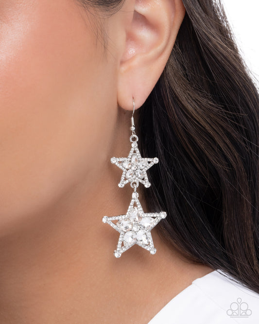 Glittery Galaxy - White Rhinestone & White Gem Embellished Silver Stars Paparazzi Earrings