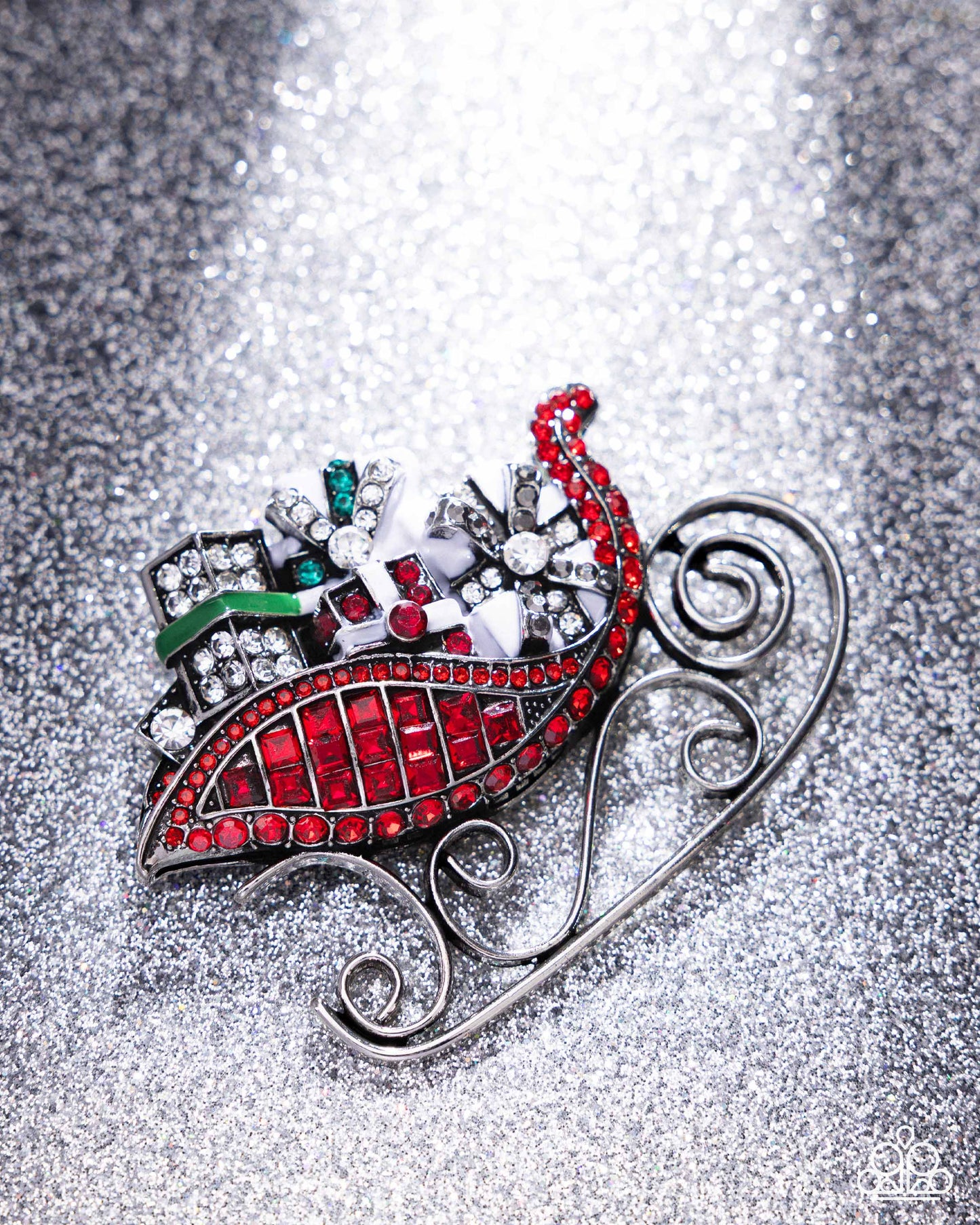 Sledding Shimmer - Red Rhinestone/Gem Embellished Silver Sleigh Paparazzi Brooch