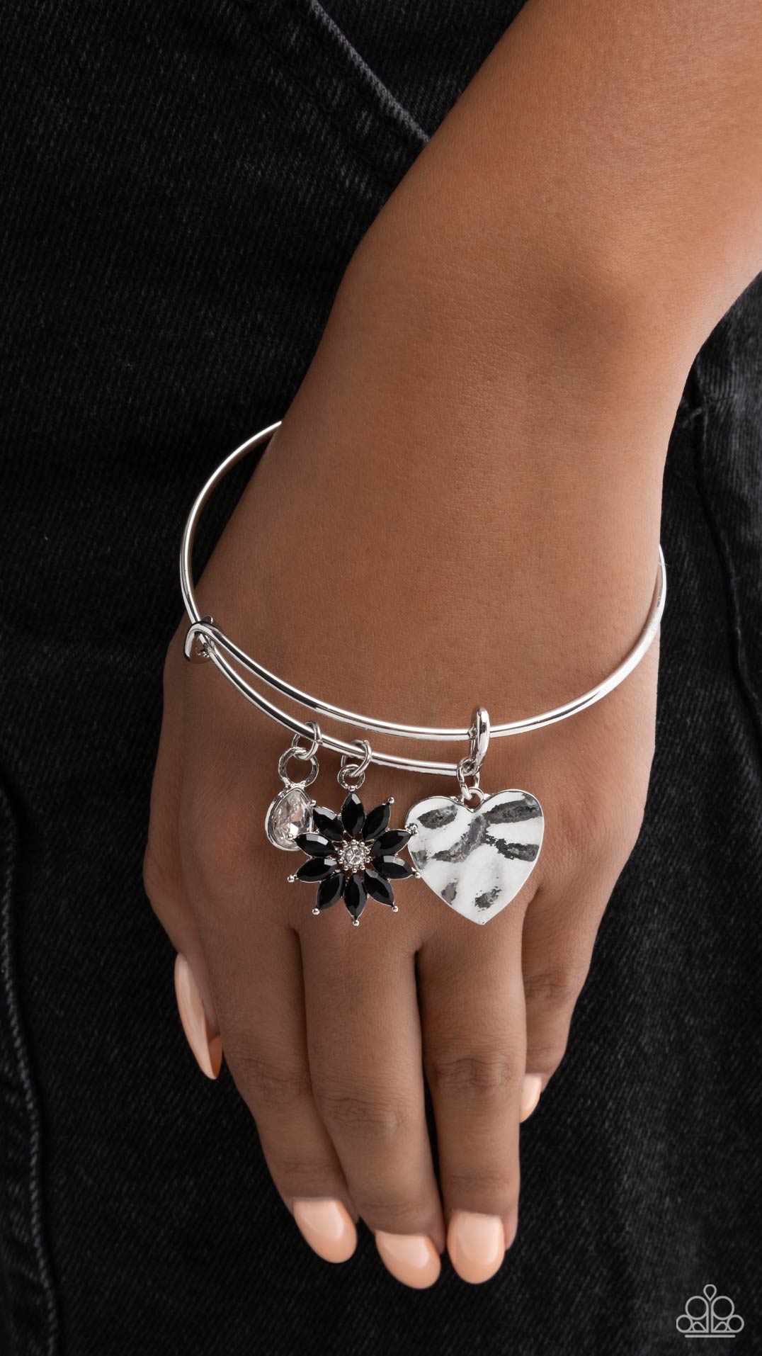 Open Opulence - Black Gem Flower, Silver Heart Paparazzi Charm Bracelet