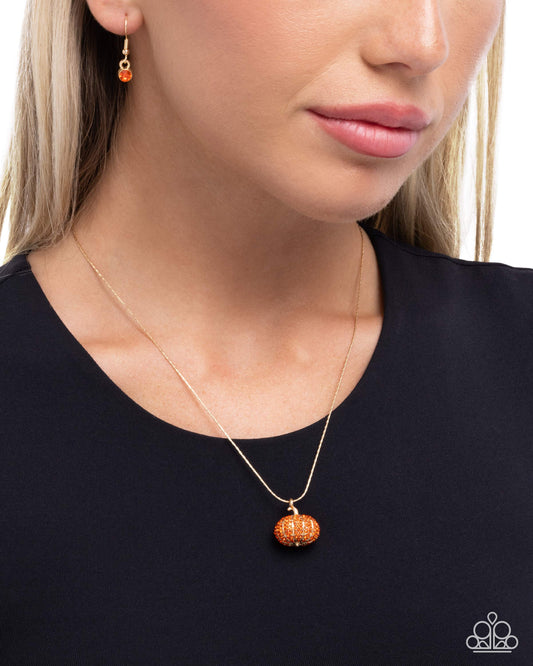 Pumpkin Panache - Orange Rhinestone Embellished Pumpkin Pendant Paparazzi Necklace & matching earrings