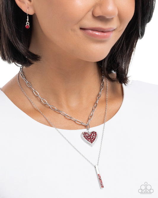 Valentines Volume - Red Rhinestone Embellished Heart Pendant Paparazzi Necklace & matching earrings