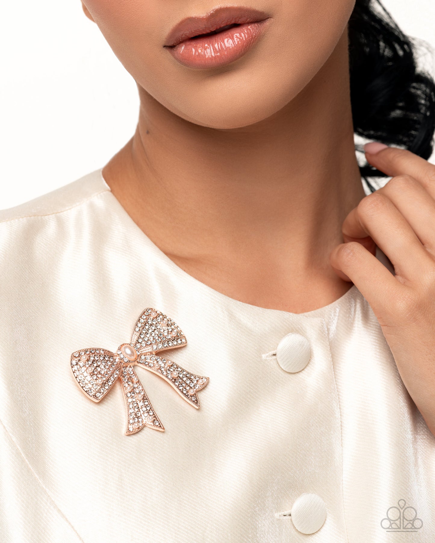 Bow Bravado - Rose Gold & White Rhinestone Bow Paparazzi Brooch