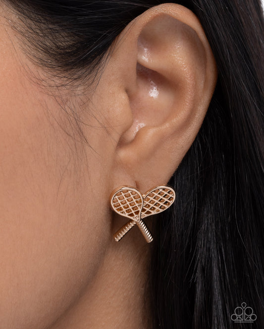 Tennis Team - Gold Tennis Racket Paparazzi Post Earrings