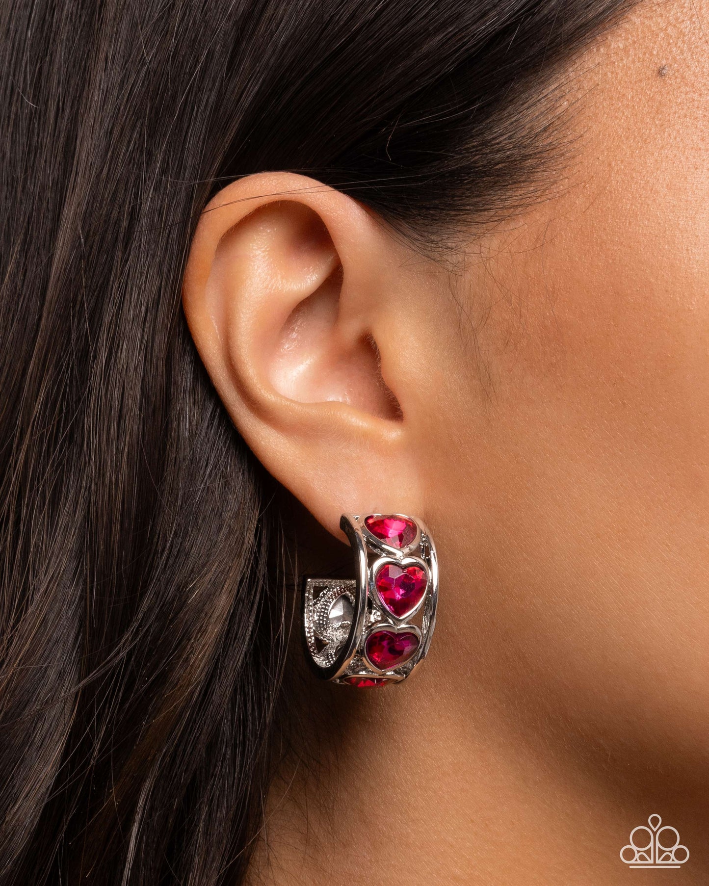 Heartfelt Homage - Pink Gem Heart Embellished Paparazzi Hoop Earrings