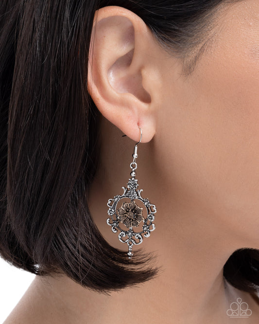 Antique Abloom - Silver Floral Filigree/Gold Floral Center/Smoky Rhinestones Paparazzi Earrings