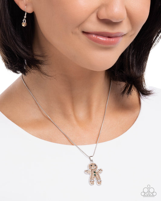 Gingerbread Glam - Brown Rhinestone Embellished Gingerbread Pendant Paparazzi Necklace & matching earrings
