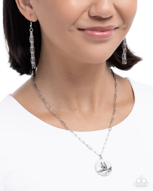 Mountain Retreat - White Backdrop/Silver Landscape Pendant Paparazzi Necklace & matching earrings