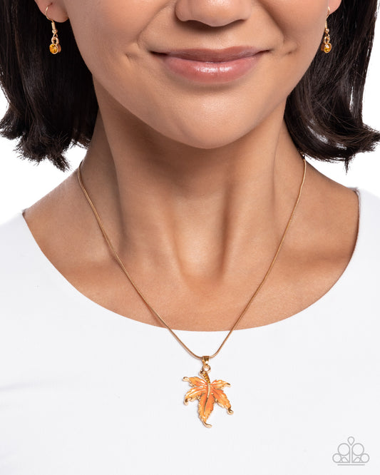 Leafy Lullaby - Orange/Gold Leaf Pendant Paparazzi Necklace & matching earrings