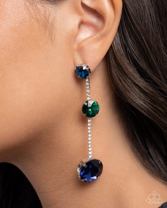 Lost in Chic - Blue & Green Gems/White Rhinestone Embellished Chain Paparazzi Earrings