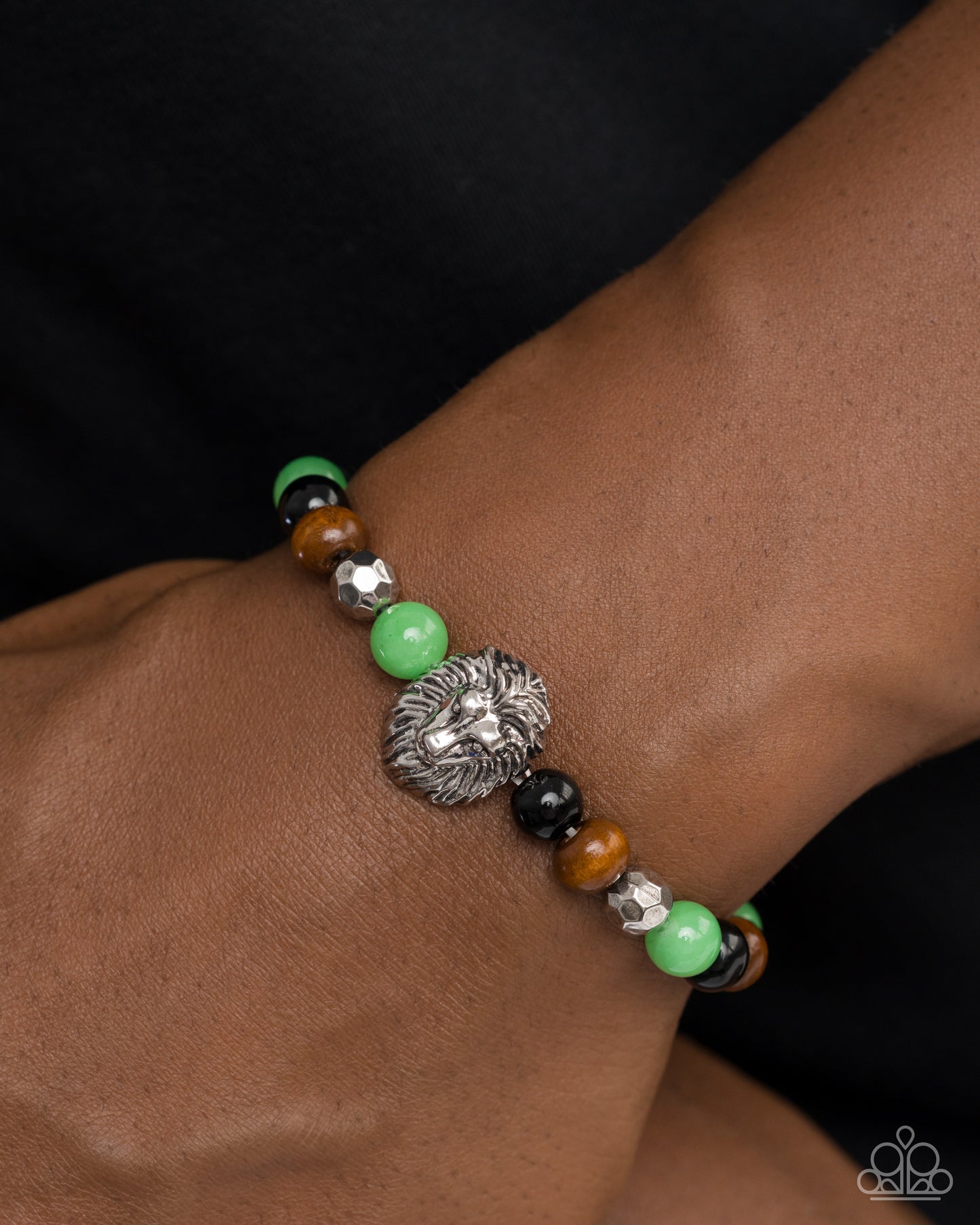Lion Lockdown - Green/Black Stone Beads & Silver Lion Pendant Paparazzi Stretch Bracelet