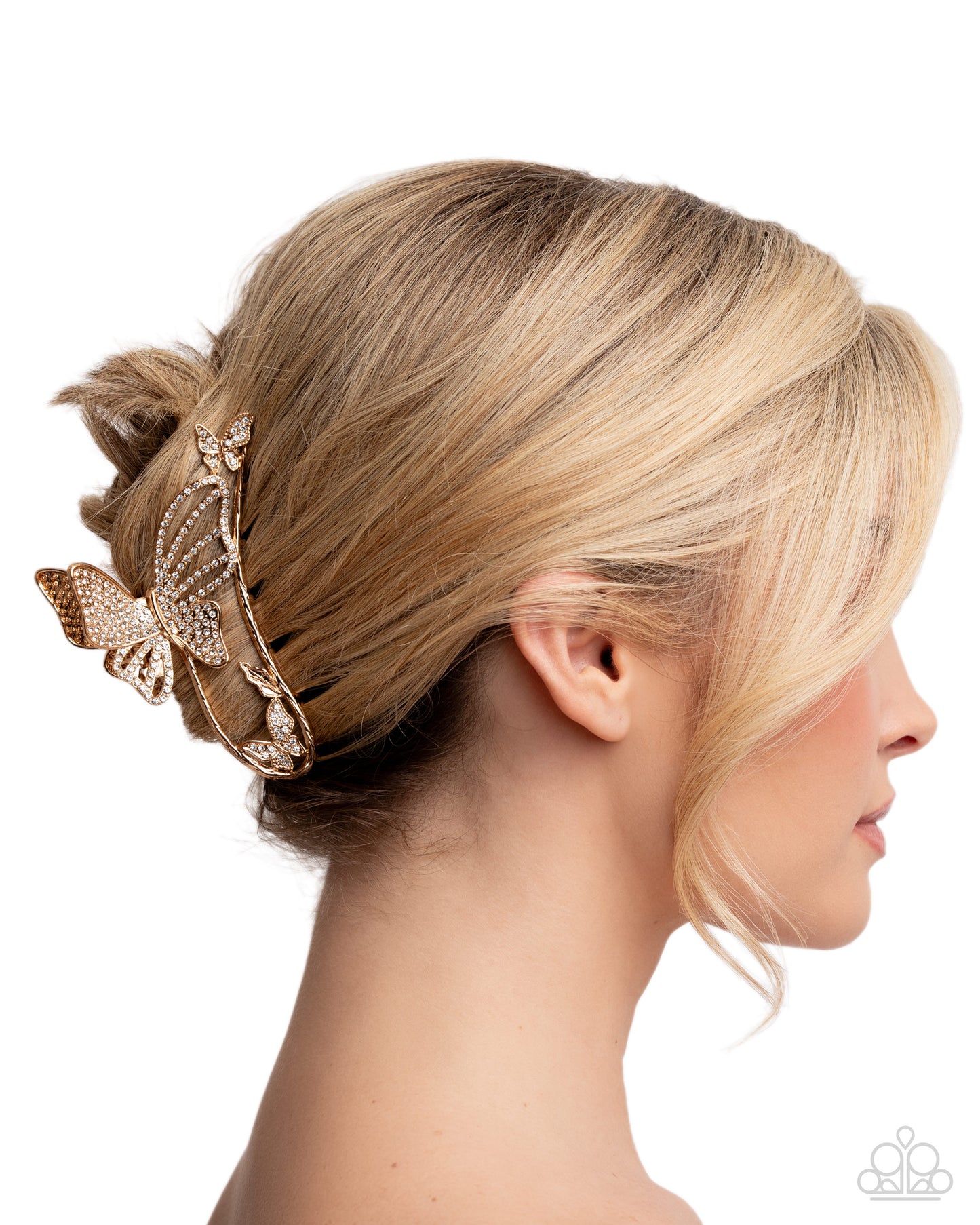 Butterfly Banter - Gold & White Rhinestone Butterfly Paparazzi Hair Claw