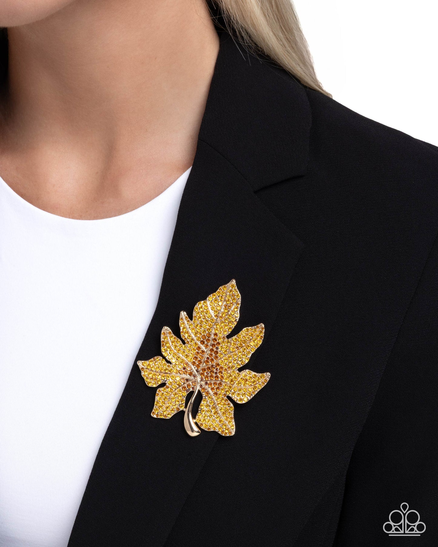 Autumnal Accent - Gold-Stemmed Leaf/Topaz Rhinestones Paparazzi Brooch